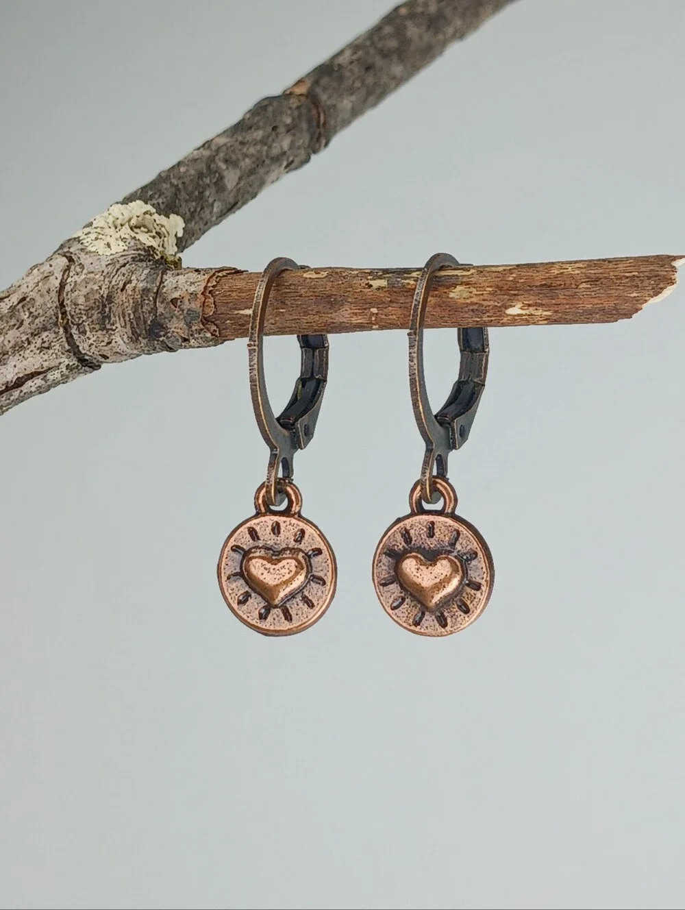 Antique Copper Heart Earrings Rustic Folk Art Artisan Jewelry Hand Crafted